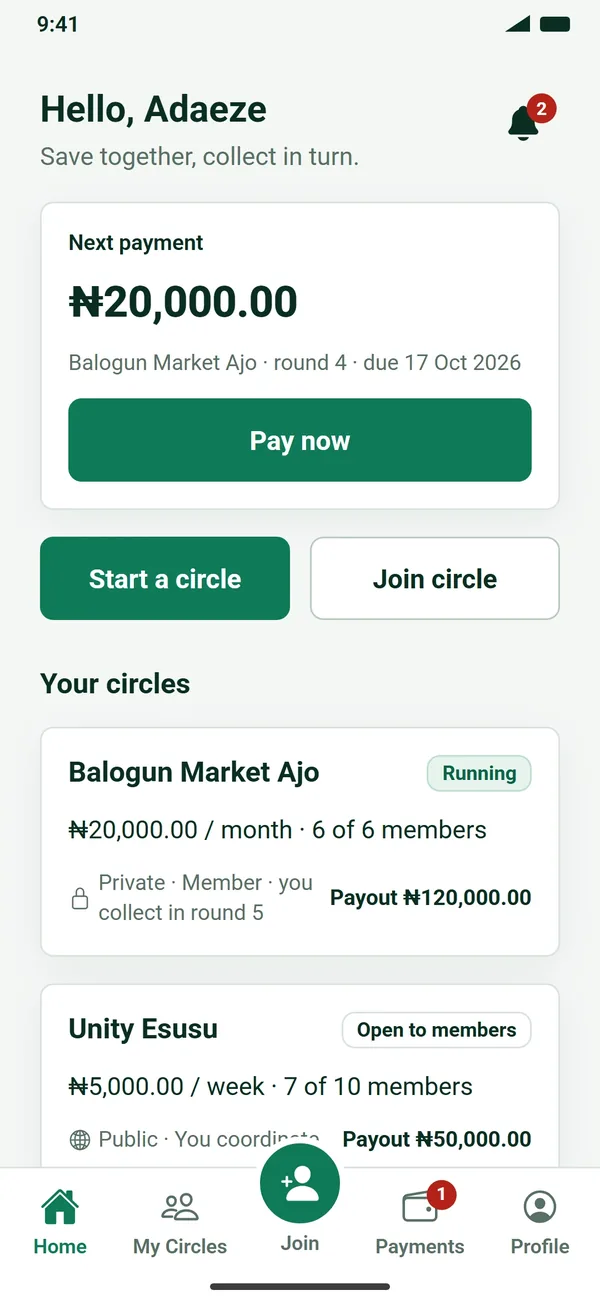 Ajo Savings app home: the next payment and your circles