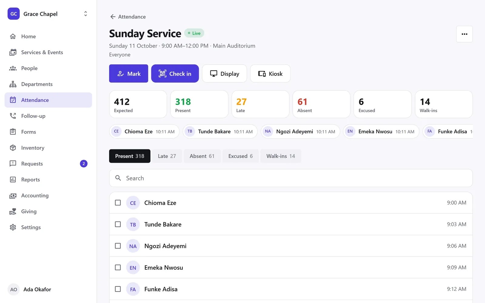 A live service: expected, present, late, absent, excused and walk-ins