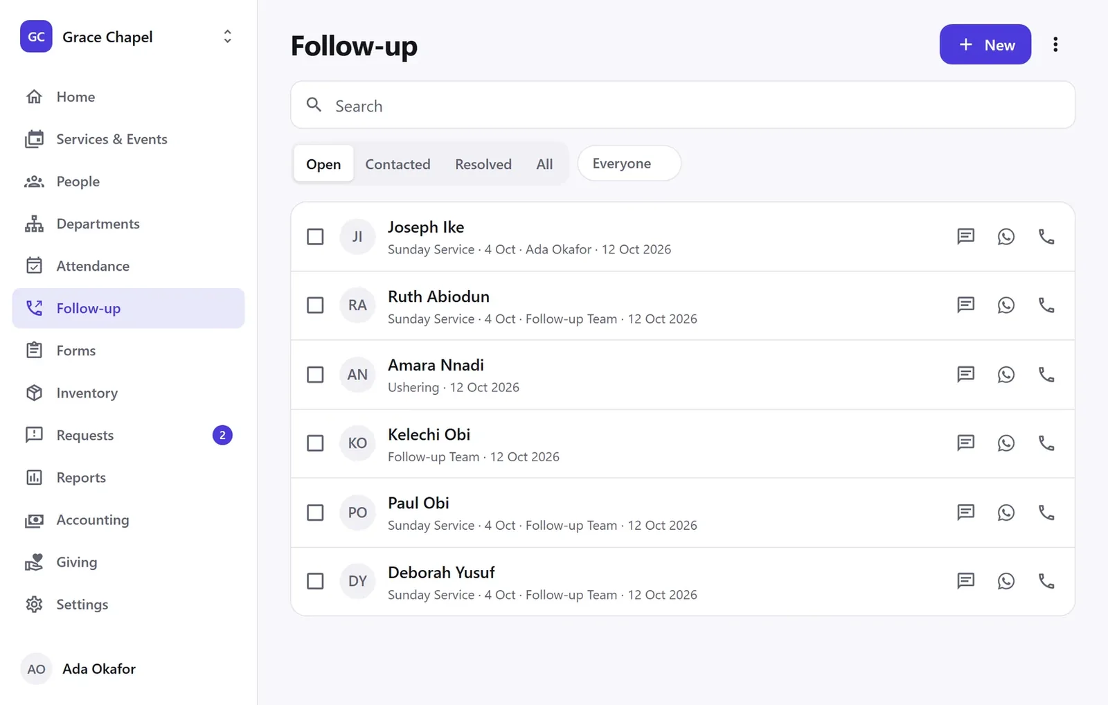 The follow-up list with message, WhatsApp and call buttons