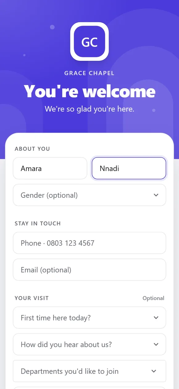 The newcomer form on a phone