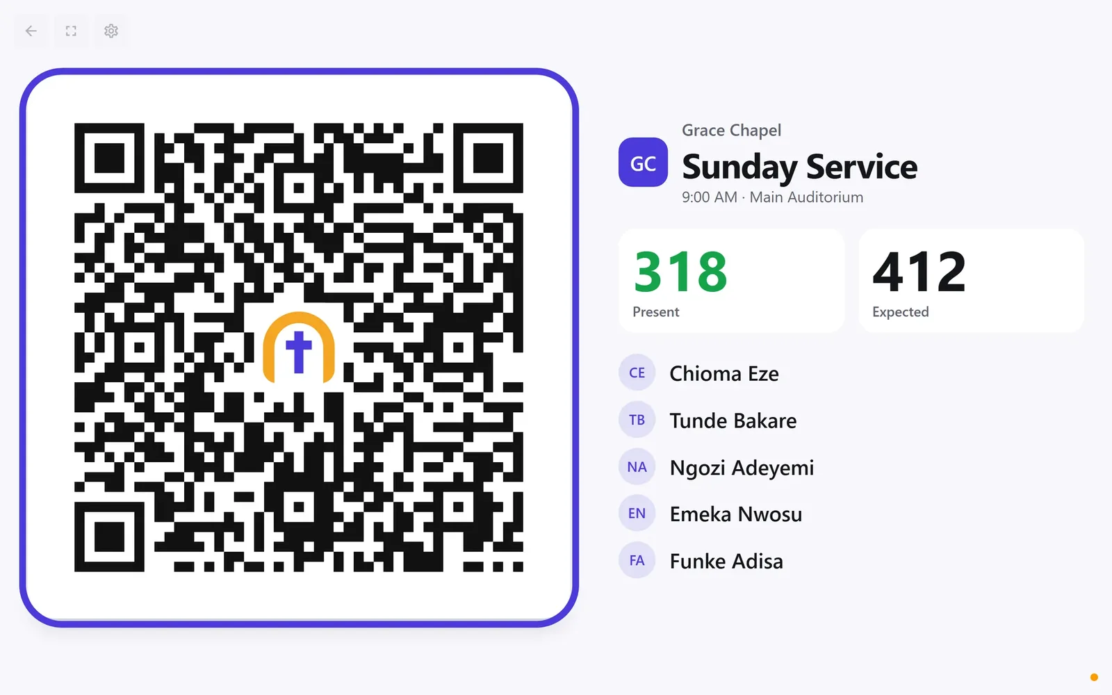 The display screen: a QR code with the church logo, live counts and the latest names