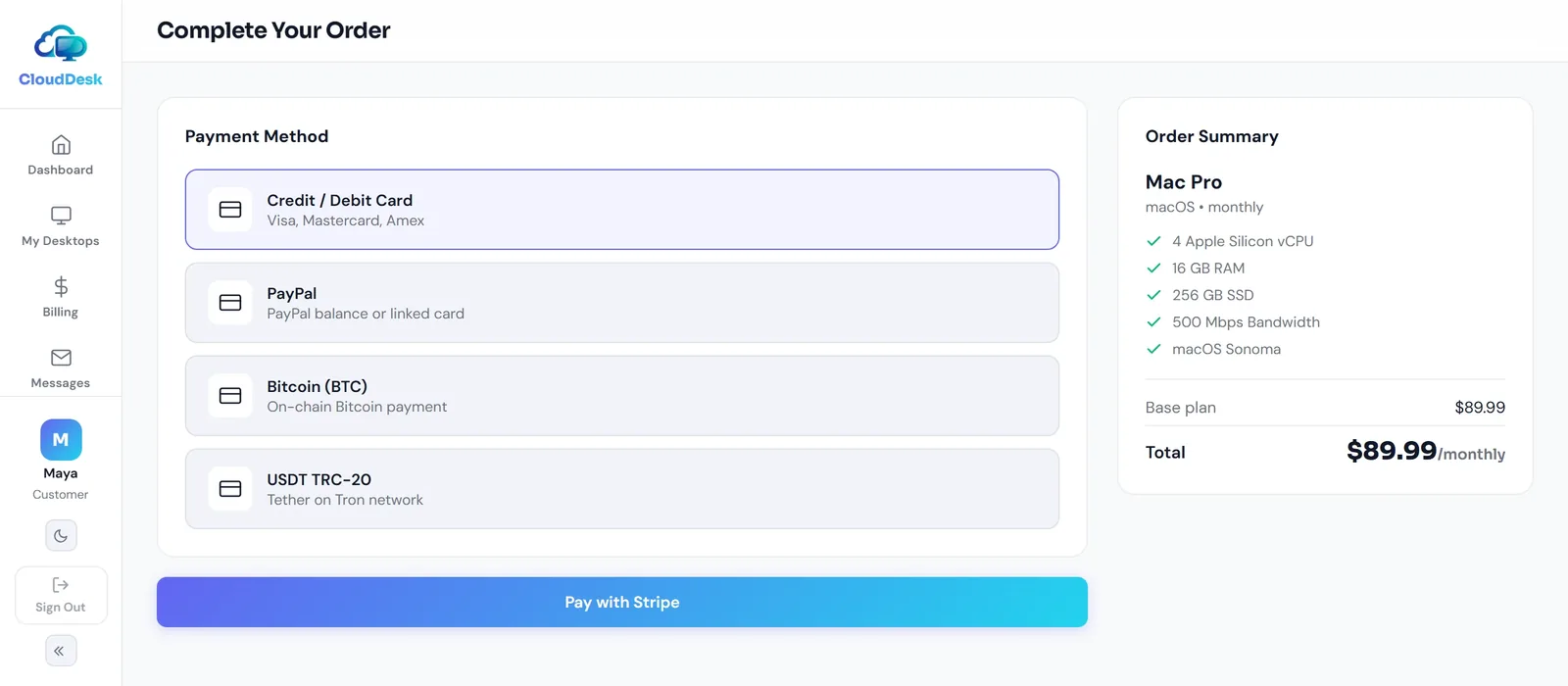 Checkout with card, PayPal, Bitcoin and USDT