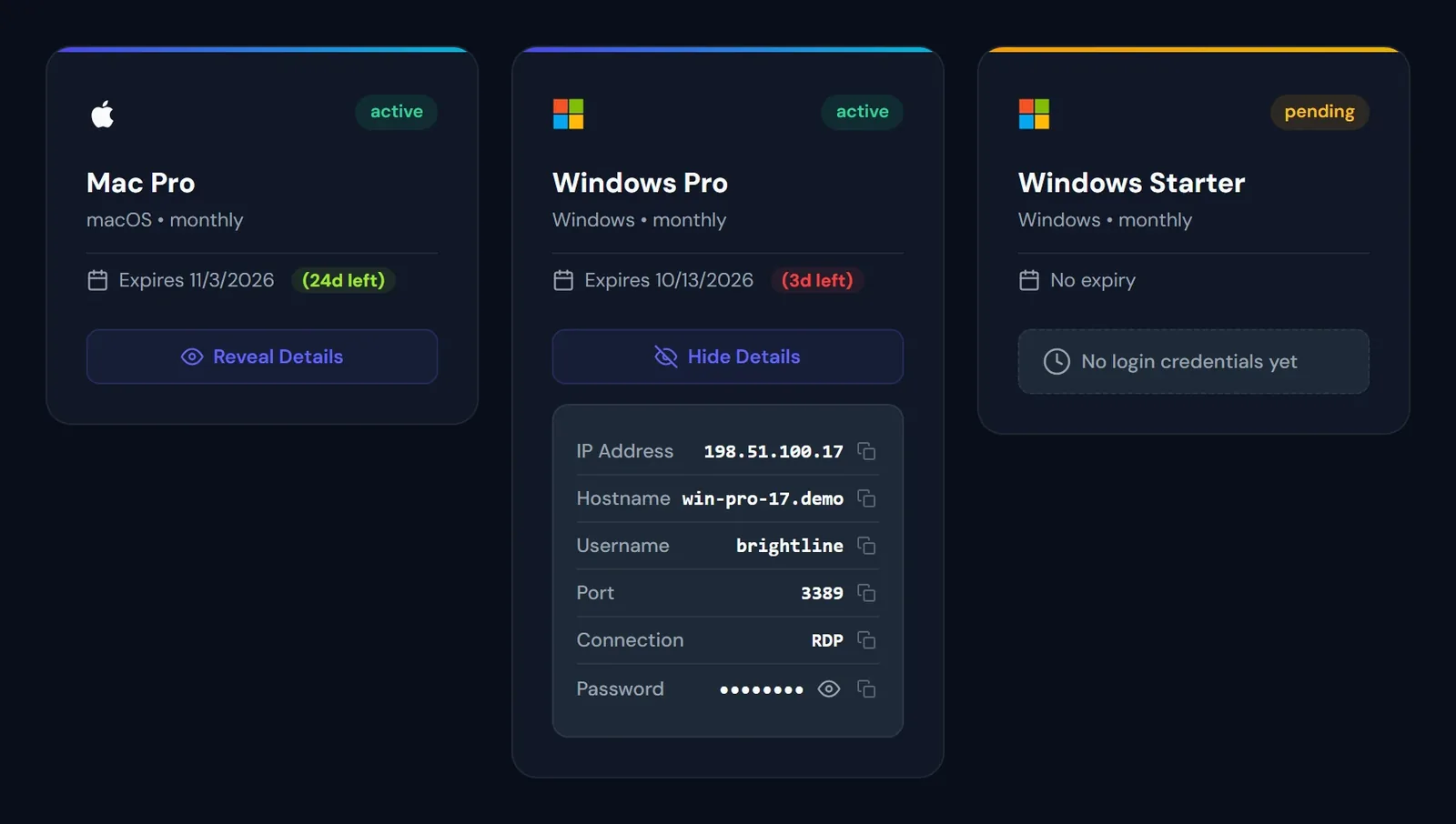 Desktop cards with connection details, in dark mode