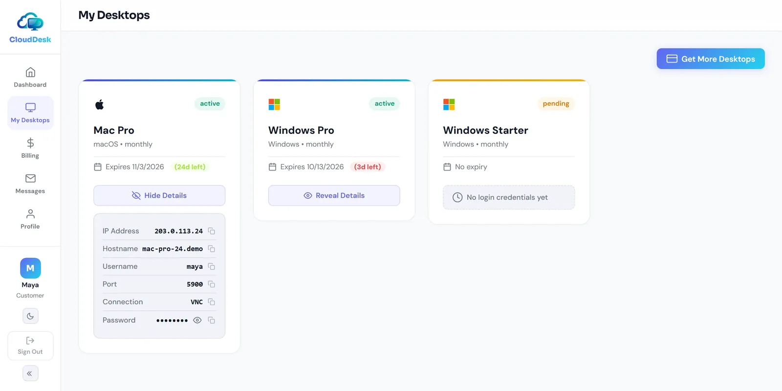 Windows and Mac cloud desktops in the CloudDesk portal, with a Mac's login details revealed