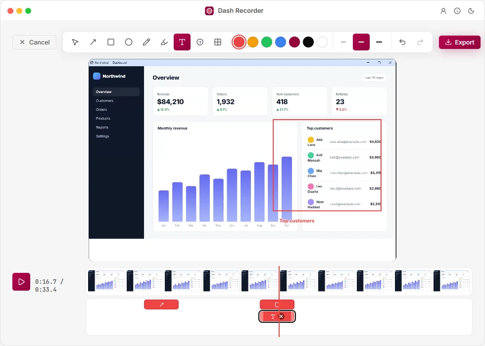 Annotating a screen recording with marks on a timeline