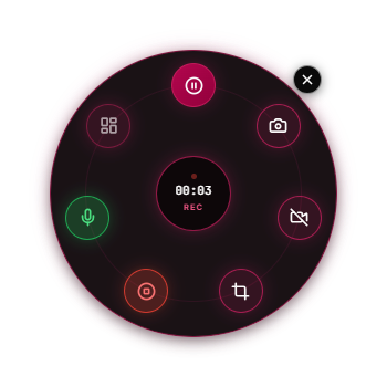 Floating recording widget with pause, screenshot and stop