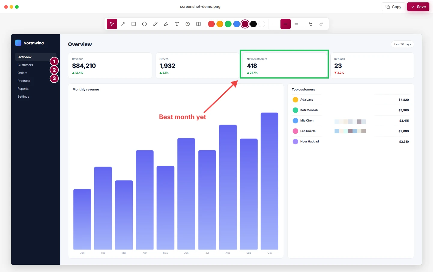 Screenshot annotation editor with arrows, numbered steps and blur