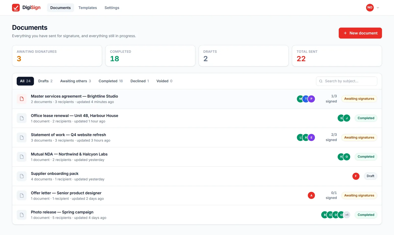 DigiSign electronic signature software: the documents dashboard
