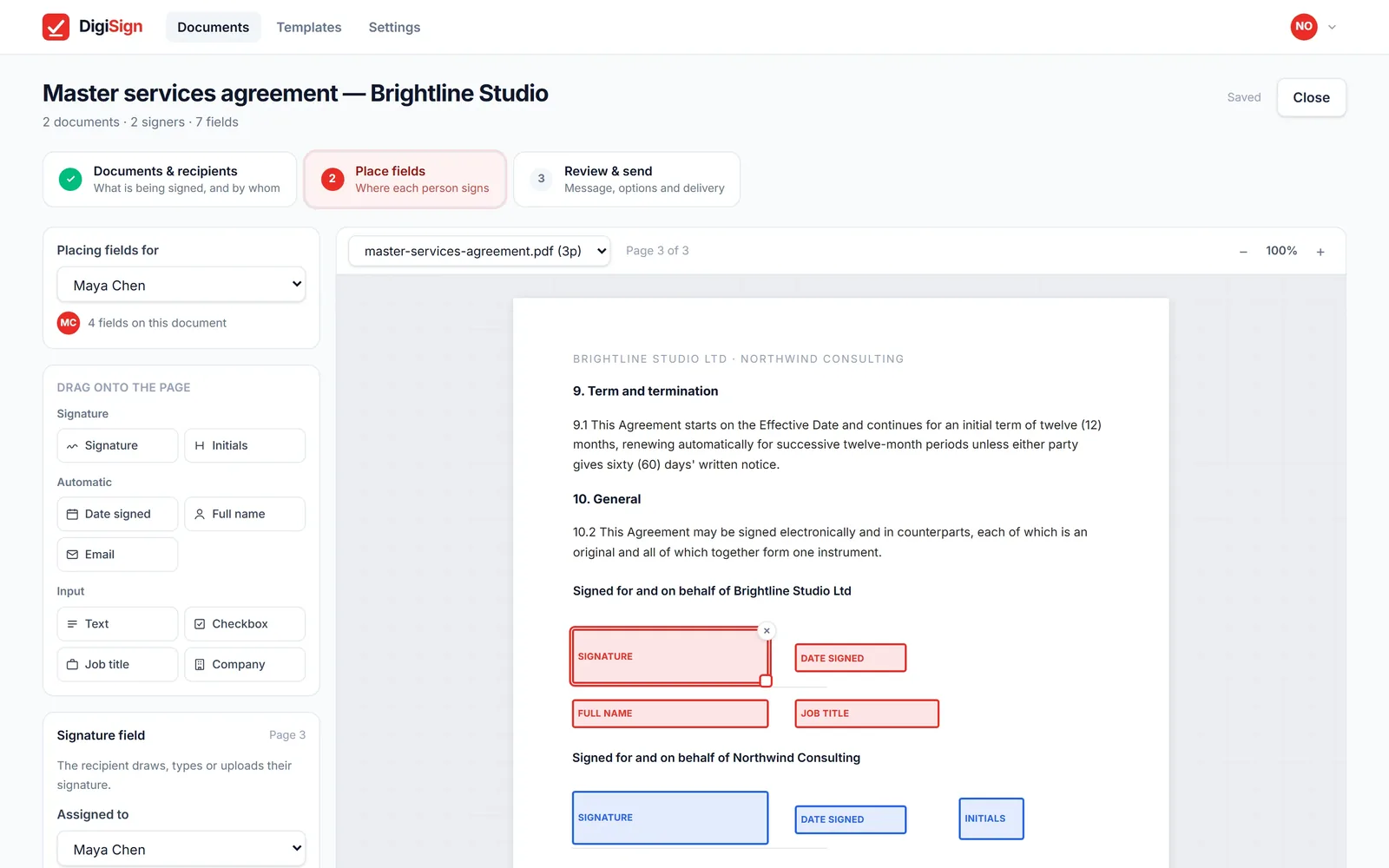 Placing signature fields for two signers