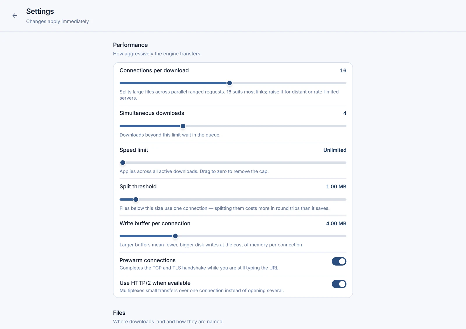 Download speed settings: connections, parallel downloads and speed limit