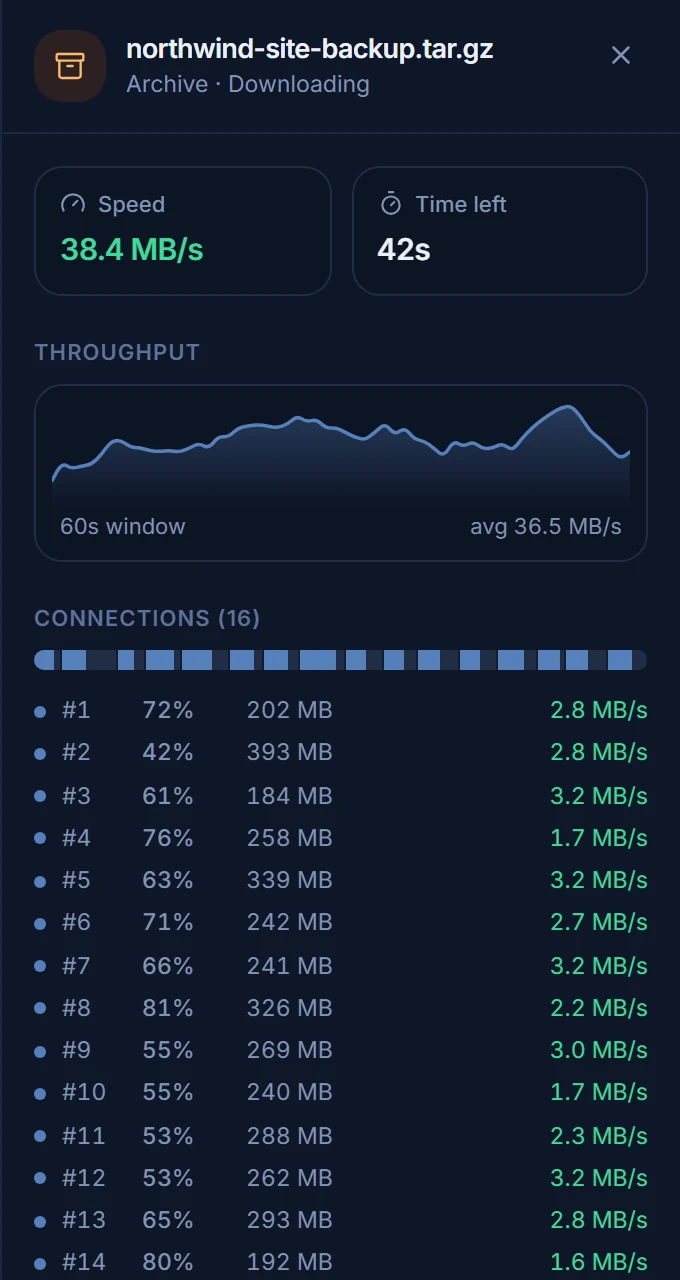 Sixteen connections downloading one file, each with its own speed