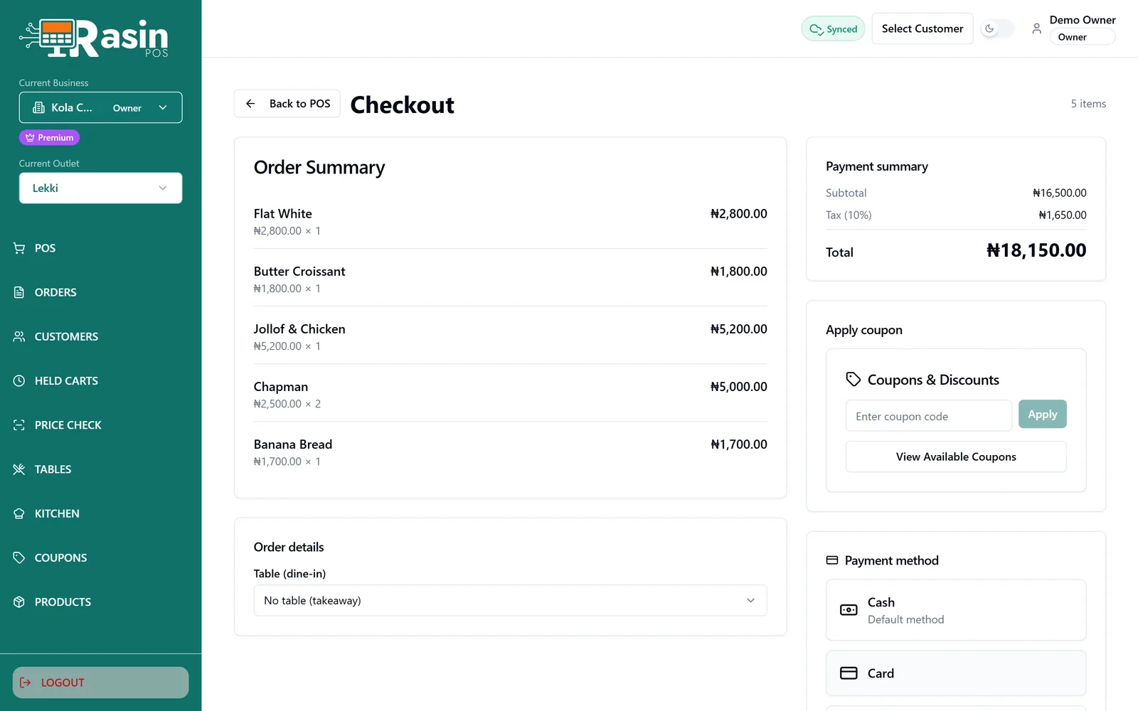 Checkout with order summary, coupon and payment method