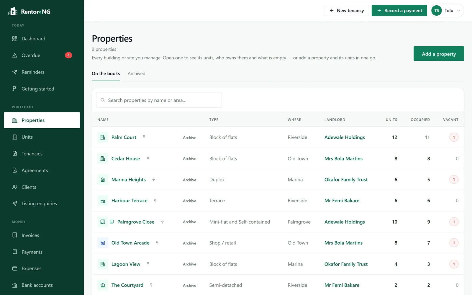 Properties with their landlords, units and vacancies