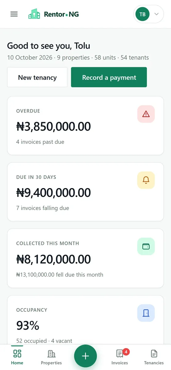 The letting dashboard on a phone