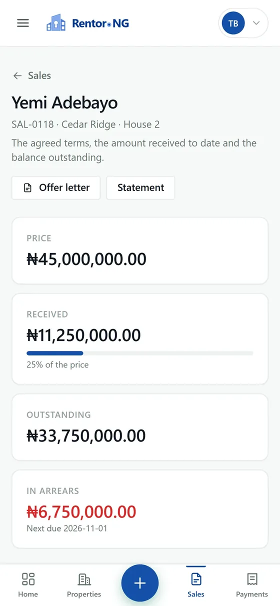 A sale and its payment plan on a phone
