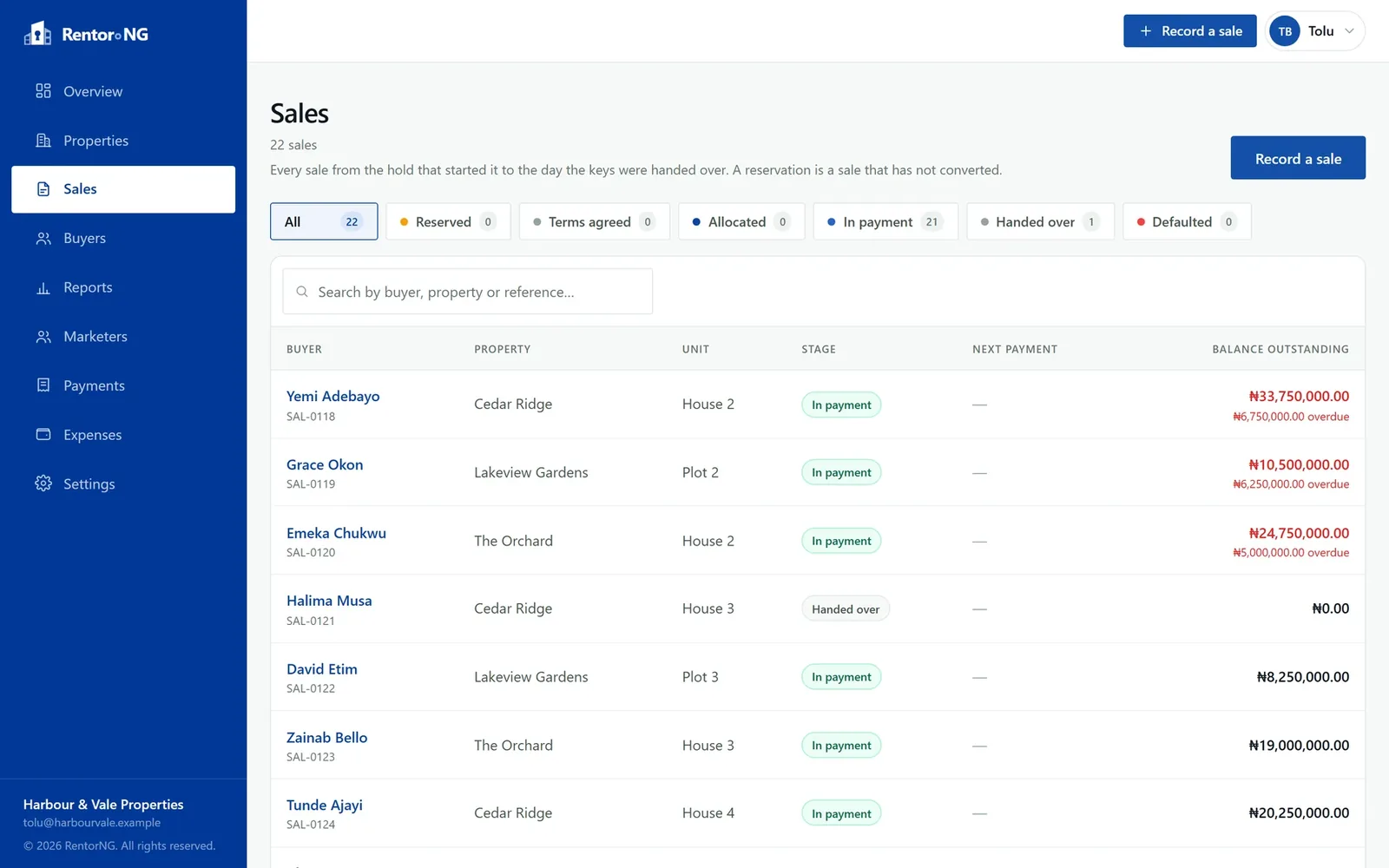 Every sale with its stage and balance outstanding
