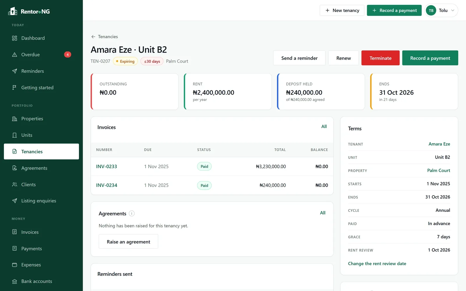 A tenancy with its rent, deposit, terms and invoices