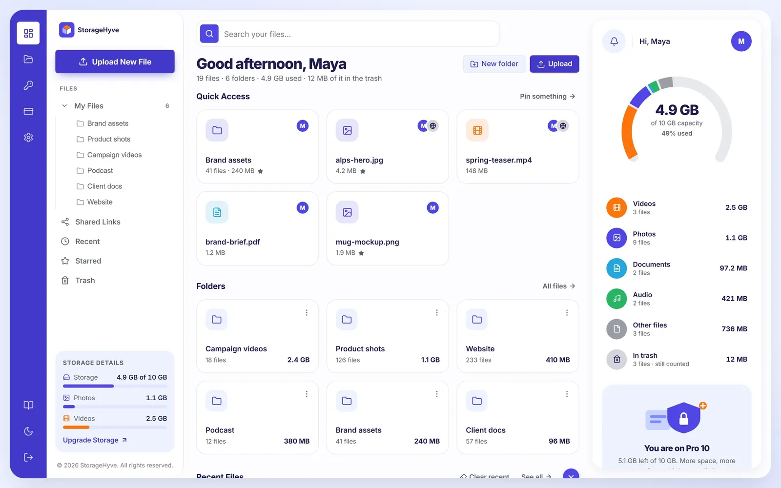StorageHyve media storage API dashboard with storage by file type