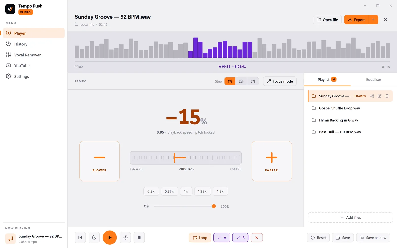 Tempo Push changing tempo without changing pitch: a loop at 85% speed with an A–B loop set