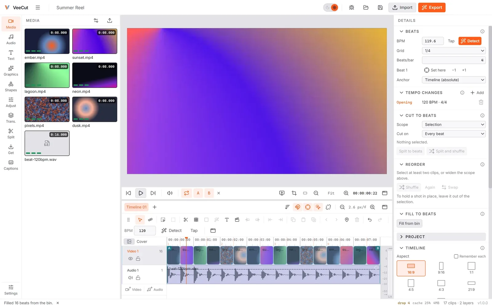 VeeCut video editor for Windows with a beat-cut edit on the timeline