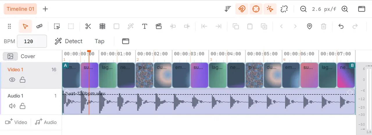 Sixteen clips cut to a 120 BPM beat grid