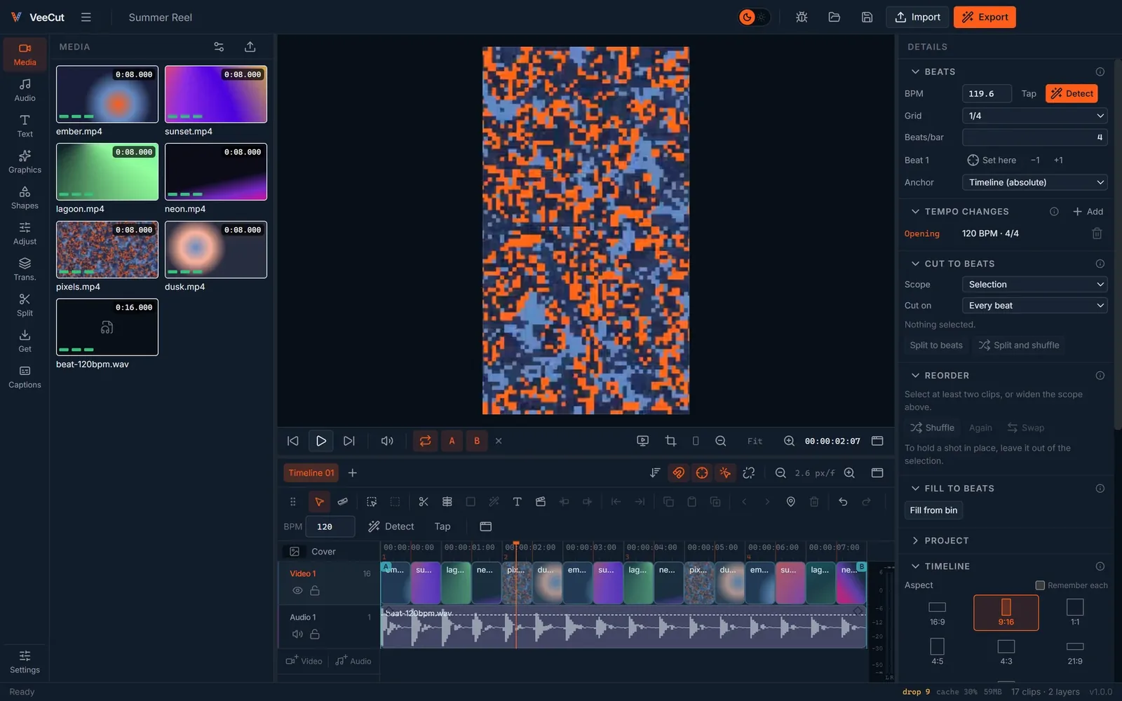 VeeCut in dark mode, editing in 9:16