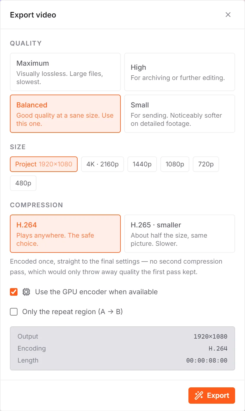 The export dialog with format, quality and file size