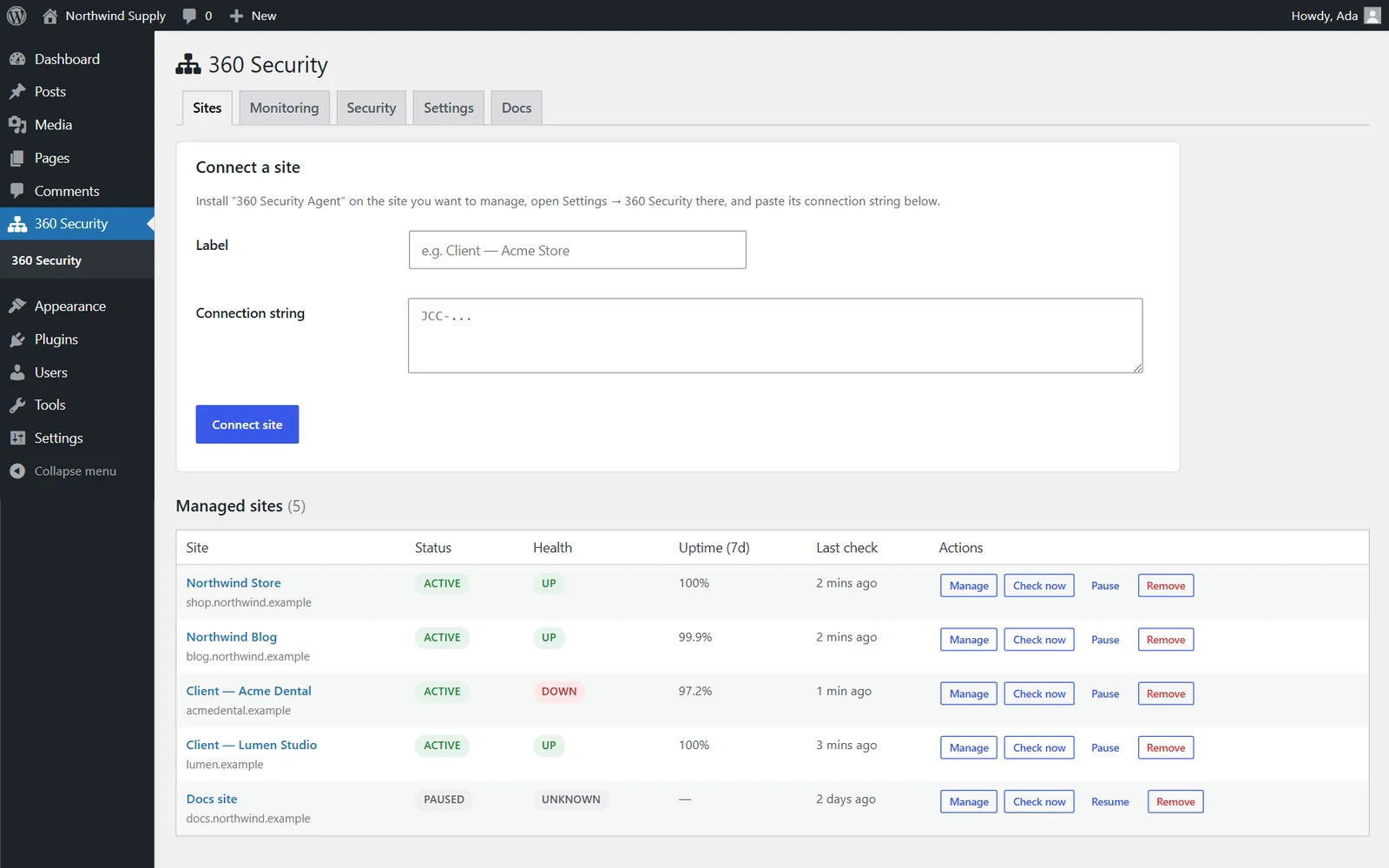 Managed sites with status, health and uptime