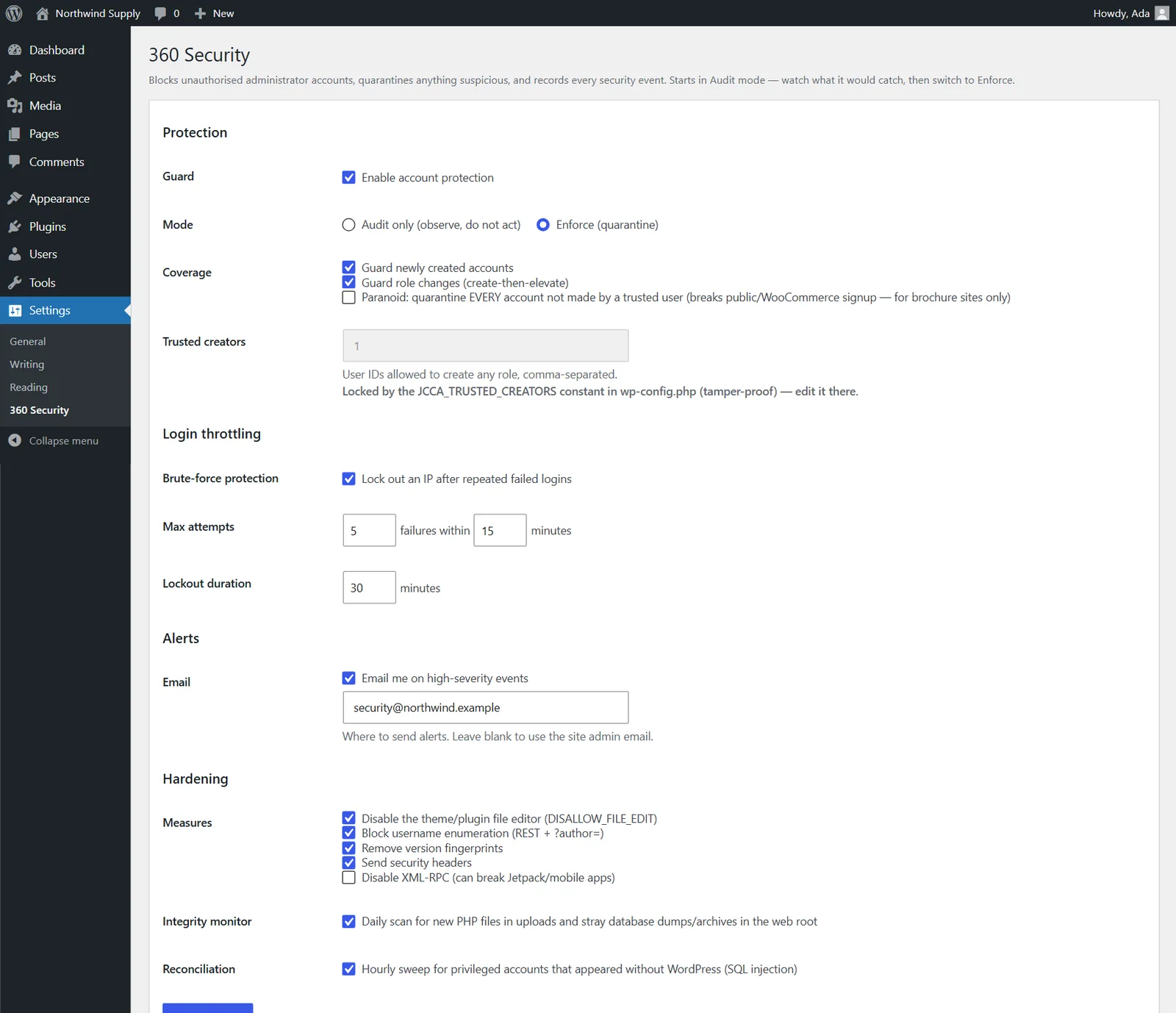 Protection settings: guard, login throttling, alerts and hardening