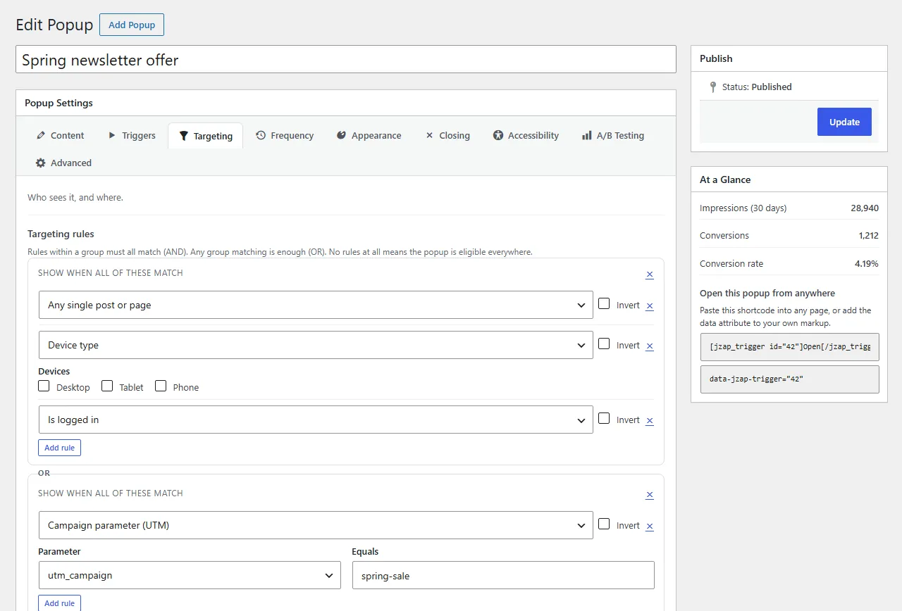 Popup builder targeting rules combined with AND and OR