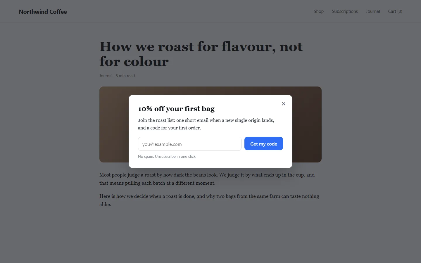 WordPress popup plugin showing a newsletter popup over a blog post