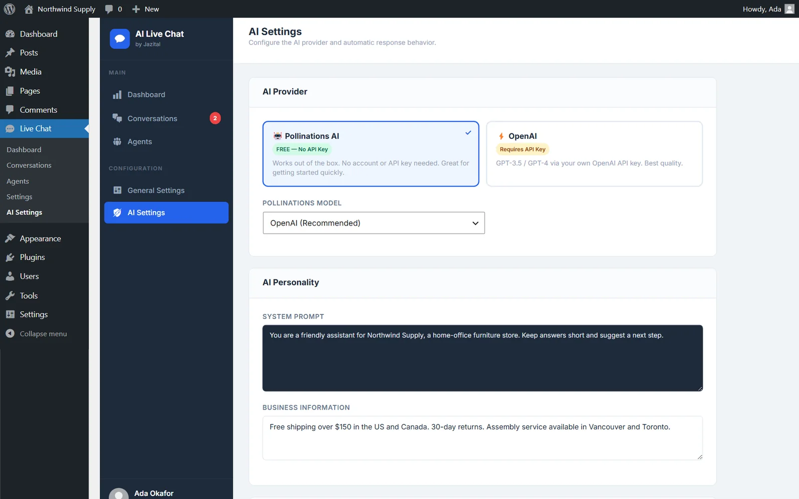 AI Settings with a free provider and OpenAI