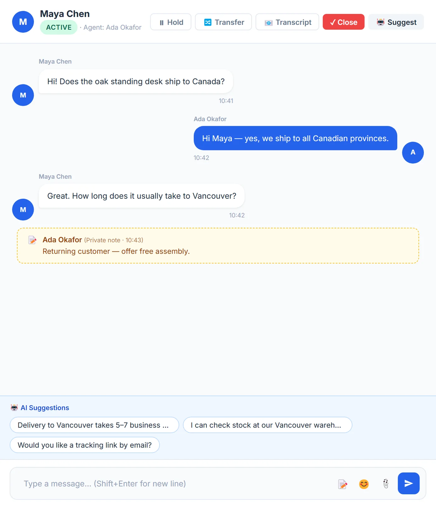 A chat thread with three AI-suggested replies and a private note