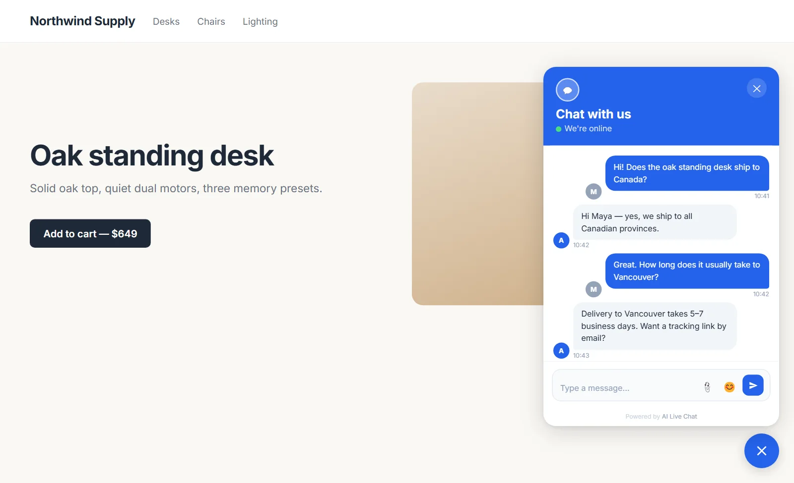 Website chat widget on a store page