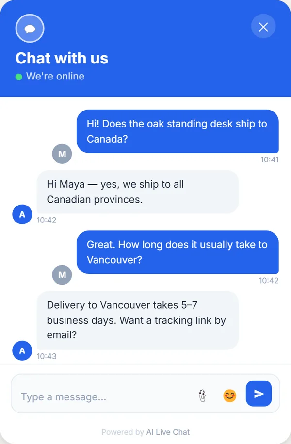 The AI Live Chat widget open on a store page