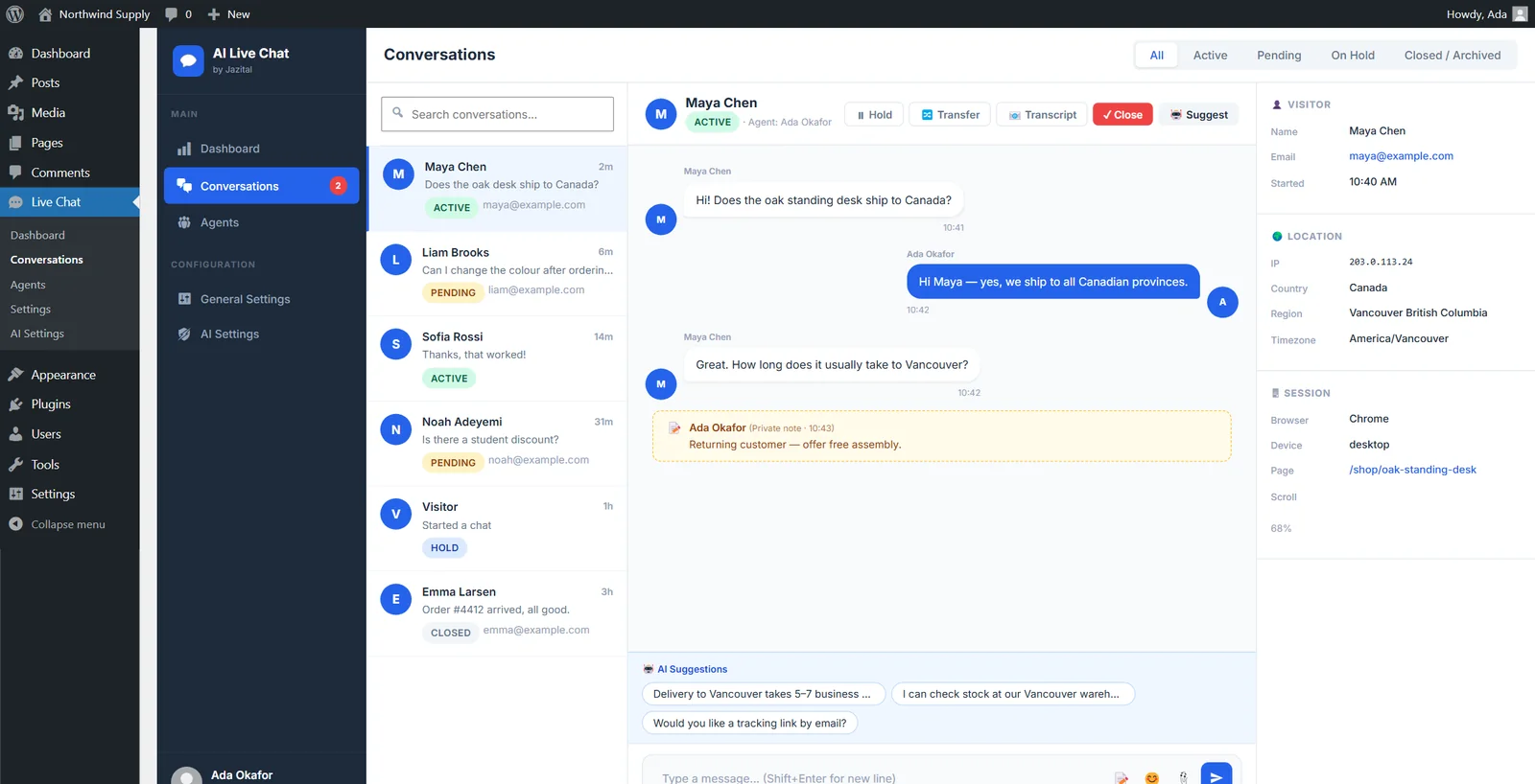 WordPress live chat plugin inbox with AI-suggested replies and visitor details