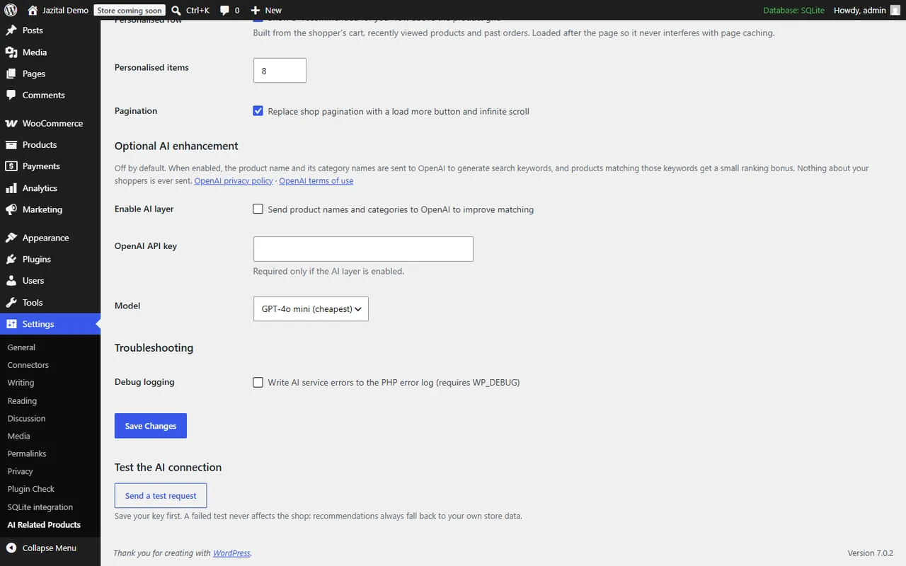 Optional AI enhancement settings: enable AI layer, OpenAI API key and model