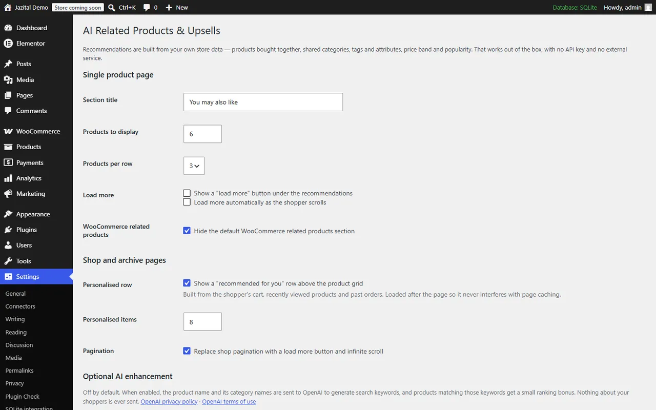 Related products and upsells settings in WordPress: section title, products to display, products per row and load more