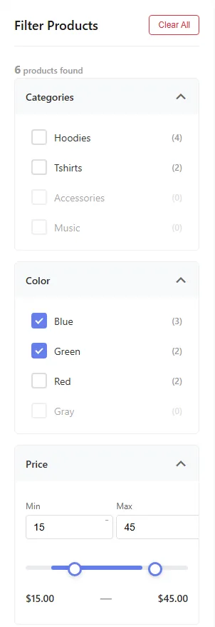Filter panel with live counts and greyed-out options with no results