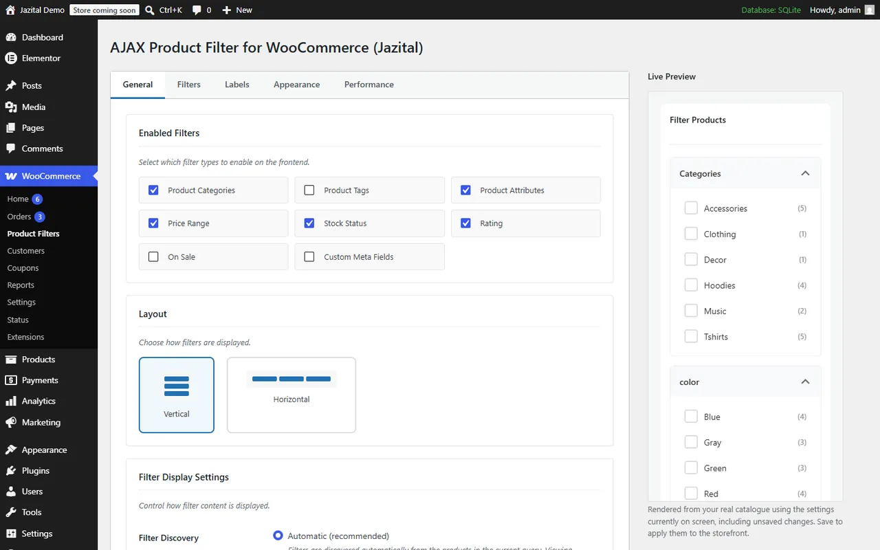 WooCommerce product filter plugin settings with enabled filters and a live preview