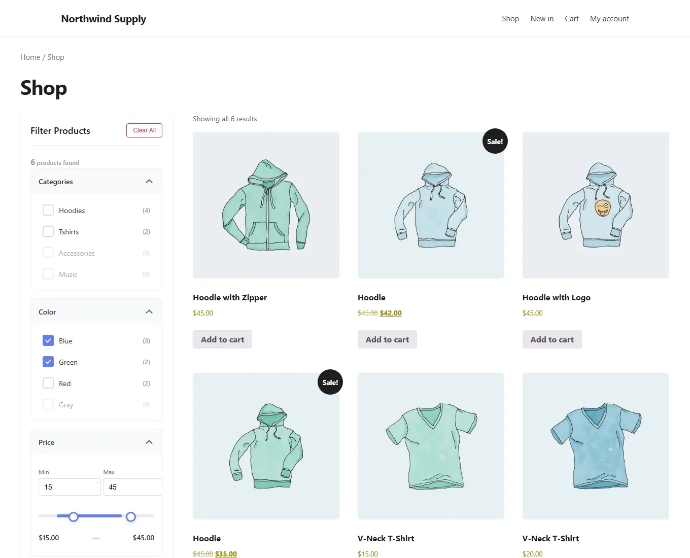 WooCommerce AJAX product filter panel beside a shop grid, filtered by colour and price