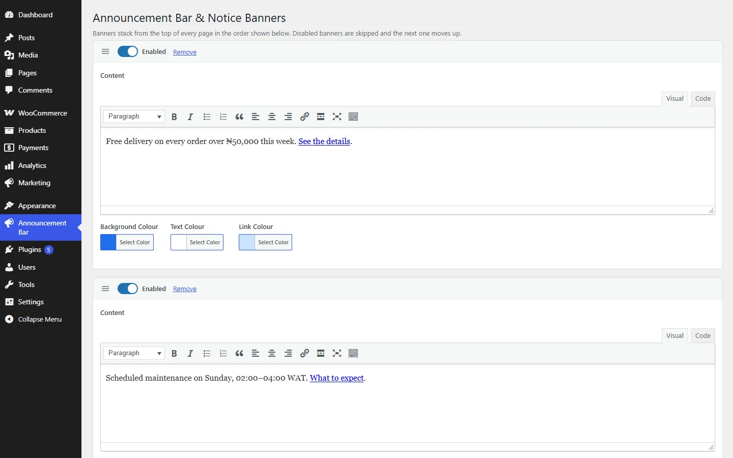 Notice banner editor with a visual editor and colour pickers per banner