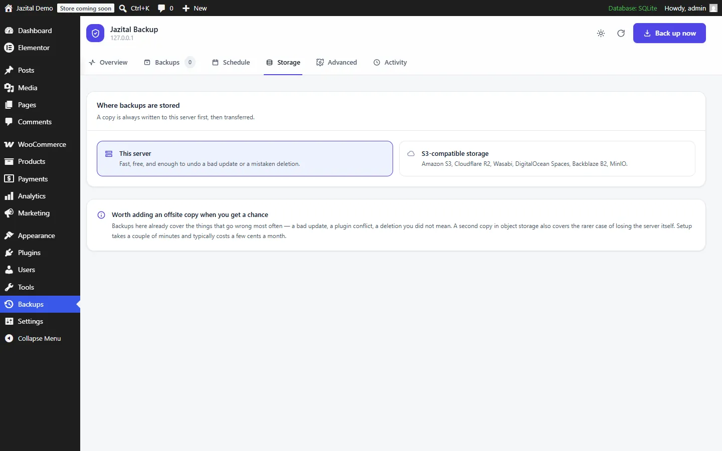 Offsite storage settings for backing up WordPress to S3-compatible storage