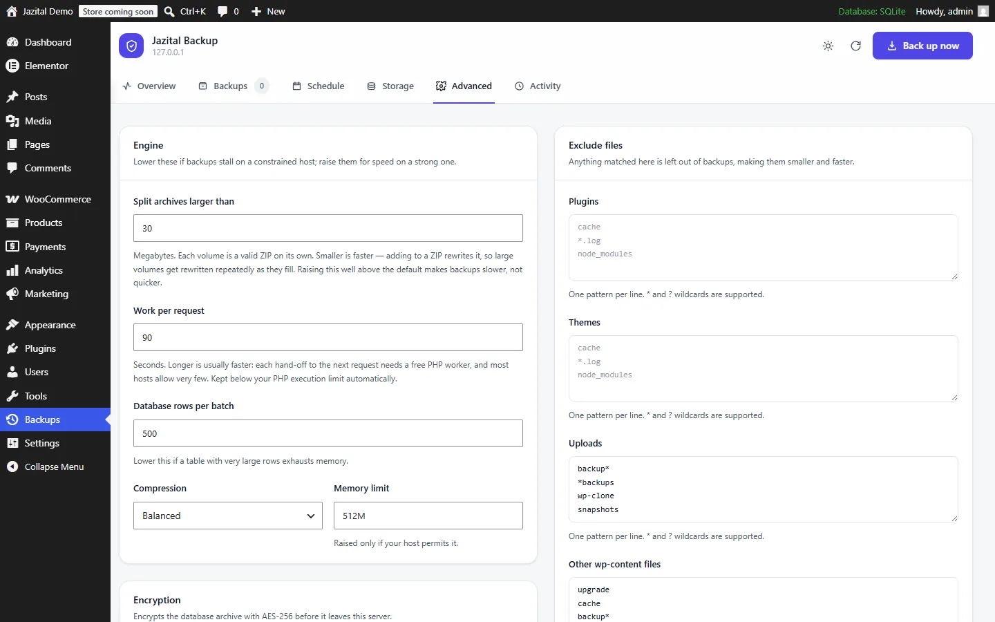 Advanced backup settings: archive split size, work per request, database batch size