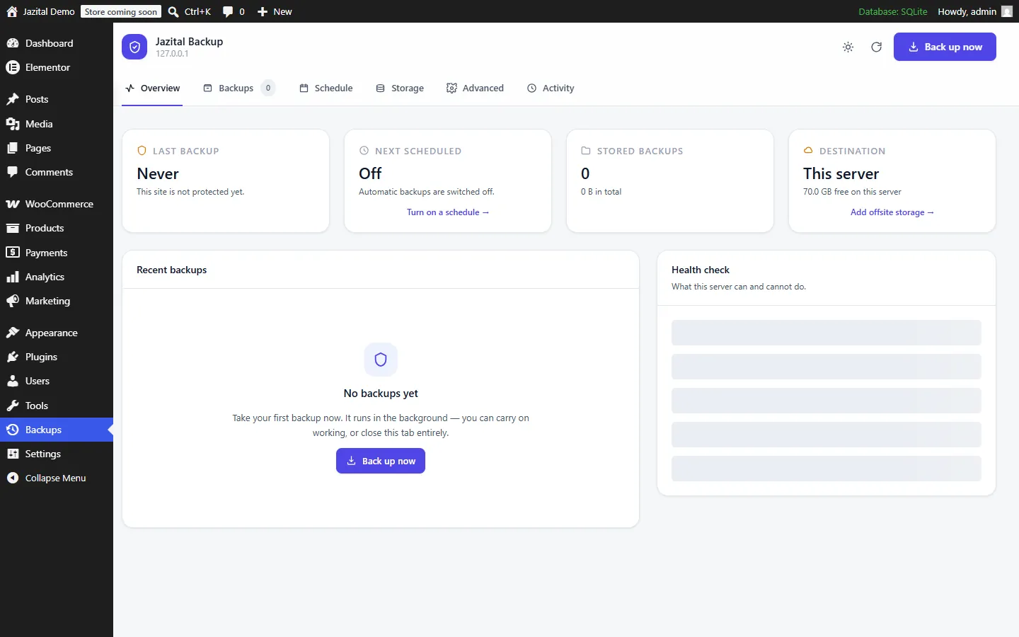 Overview screen of the Jazital WordPress backup plugin: last backup, next run, stored sets and destination