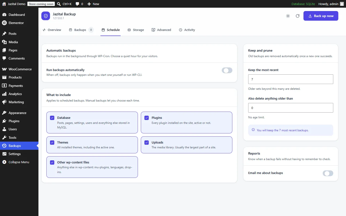 Schedule screen for automatic WordPress backups with retention settings