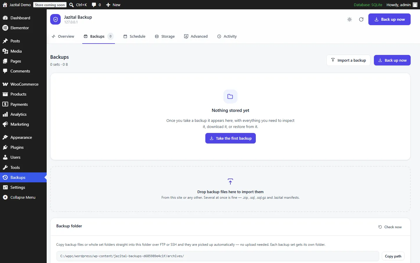 Backups screen listing stored backup sets, with import and backup-folder drop zone
