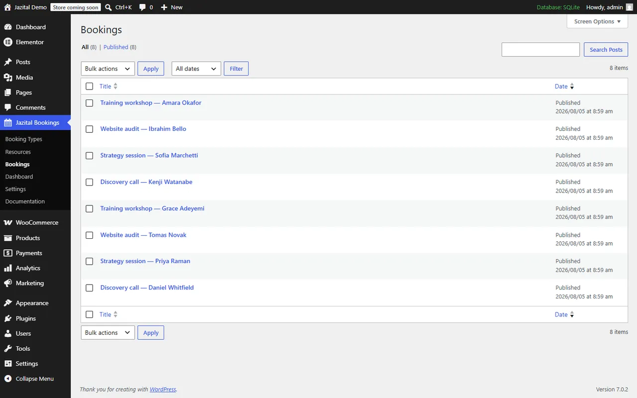 Appointment bookings list in WordPress admin