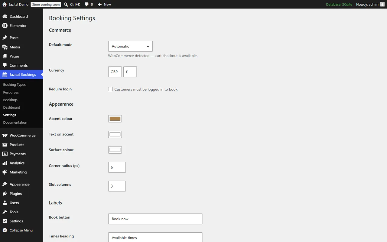Booking settings: commerce mode, currency, accent colour and labels