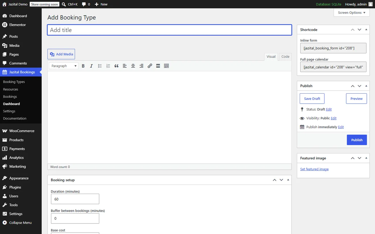 Adding a booking type in WordPress with its shortcodes and booking setup